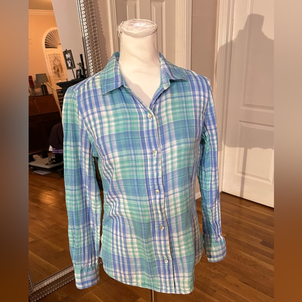 Vineyard Vines Green & Blue Plaid Button Down Shirt Women’s Sz 4